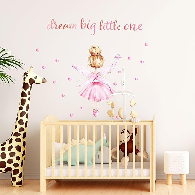 Pink Little Ballerina Decor for Girls Room Dream Big Little One Baby Nursery Wall Decals Peel and Stick Barbie Princess Wall Stickers & Murals for Girls Bedroom Living Room Classroom Playroom