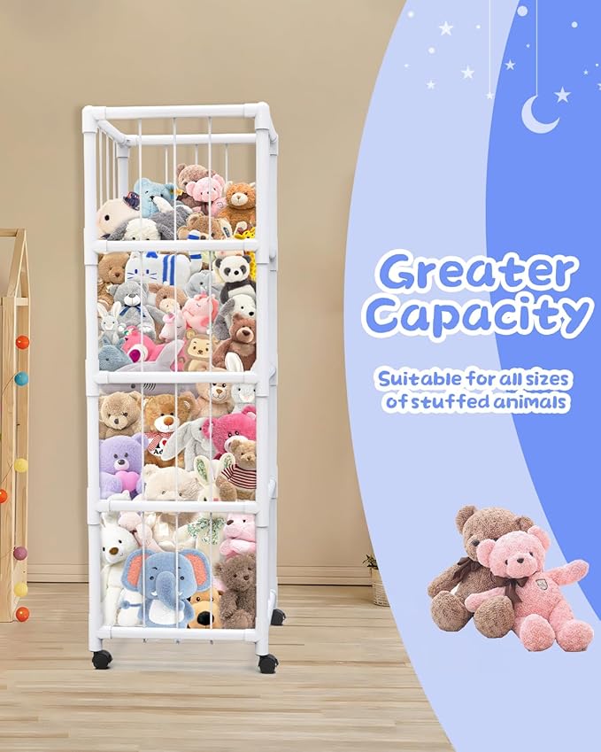 71" Extra Large Stuffed Animal Storage, Stuffed Animal Zoo Storage Cage, Premium PVC with Wheels Toy Storage Holder, Plush Toys Corner Organizer for Kids Playroom, Bedroom, Nursery