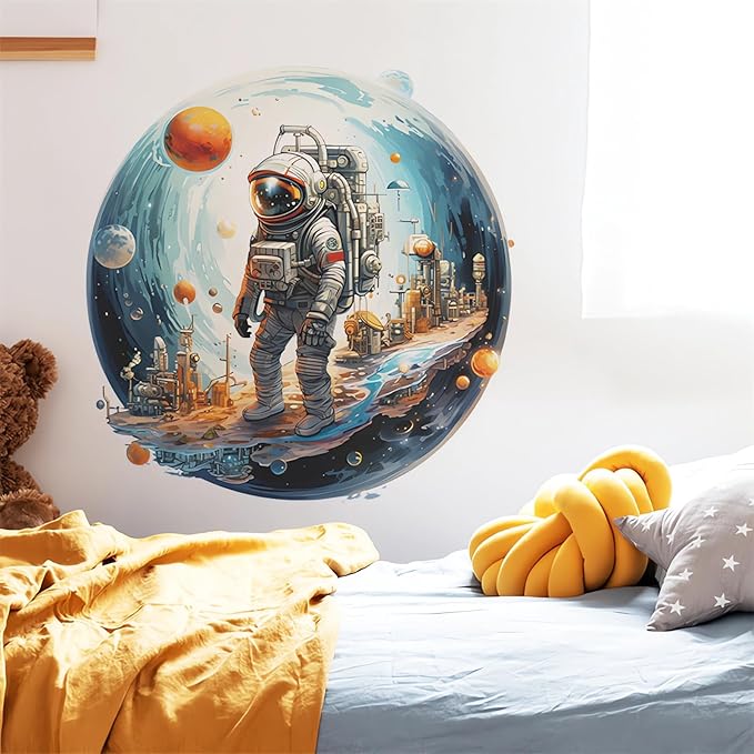Space Astronaut Wall Stickers, sacinora Outer Space Planet Cosmic Galaxy Wall Decals Removable Vinyl Peel and Stick for Kid Baby Boy Nursery Bedroom Playroom Toddler Room Kindergarten Art Decoration