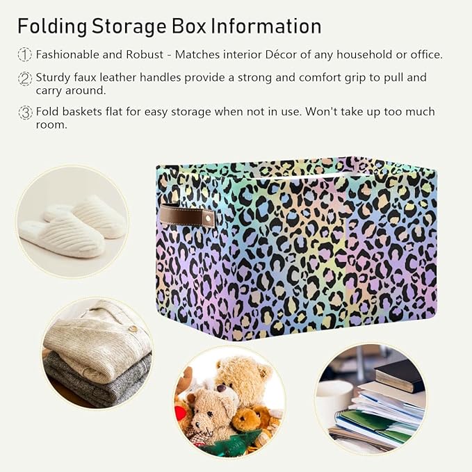 Leopard Storage Basket Fabric Storage Bin Decorative Baskets, Yellow Purple Green Foldable Storage Boxes Organizer Bag for Baby Cloth Dog Toy Book Storage Cubes Shelf Closet Basket 16×12×8 Inches