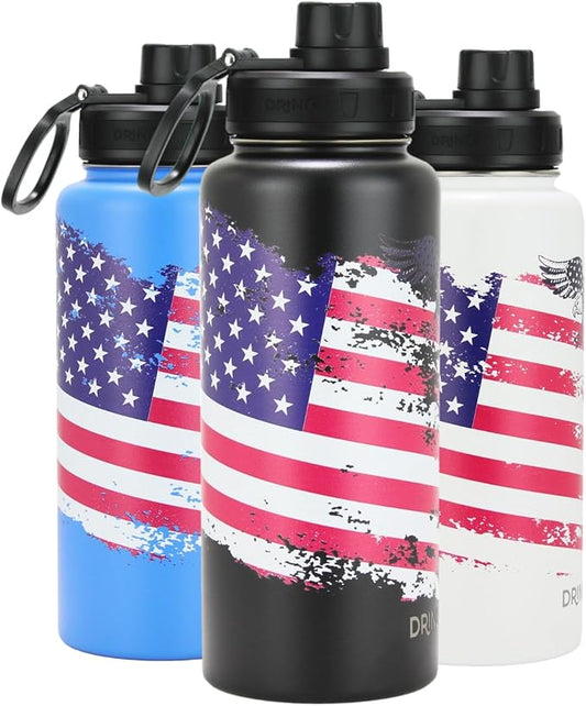 DRINCO Stainless Steel Water Bottle Spout Lid Vacuum Insulated Double Wall Water Bottle USA Flag Military Veteran (32oz US Flag Color Royal Blue, 32oz)