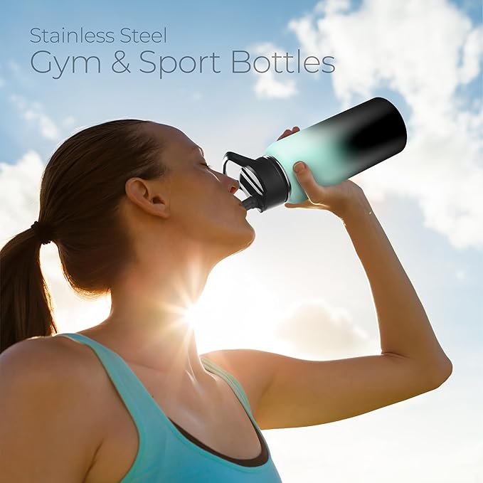 SipX™ Triple-Insulated Stainless Steel Water Bottle 32oz. With 3 Lids, BPA-Free Reusable Insulated Water Bottle Keeps Cold 24 Hours, Metal Water Bottle Made Of Sustainable Material For Hiking & Biking