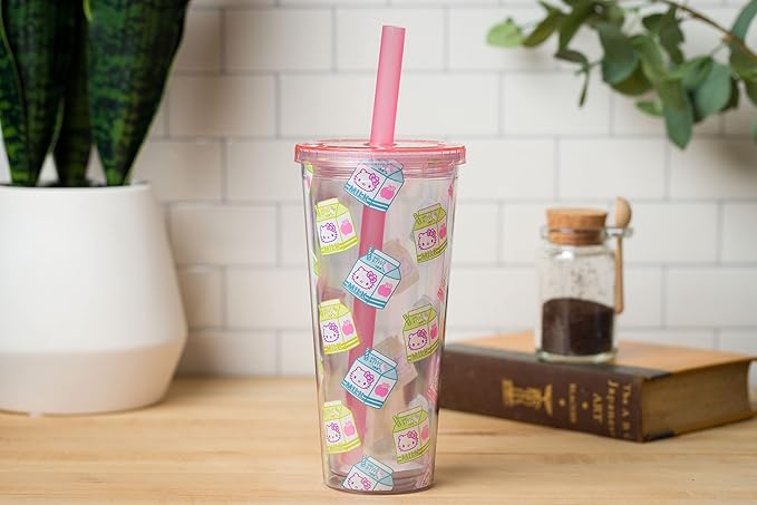 Silver Buffalo Sanrio Hello Kitty Milk Carton Pattern Plastic Boba Tumbler w Lid and Wide Straw, 24 Ounces