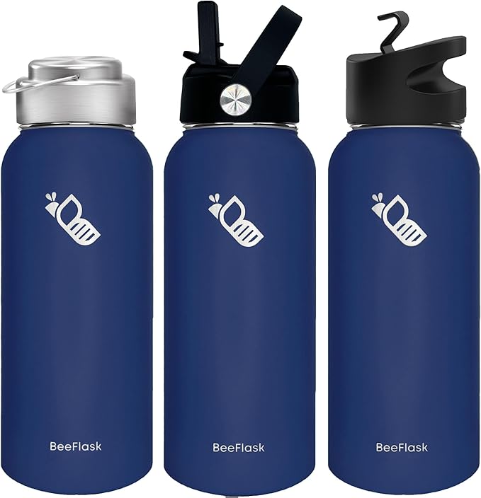 Sports Water Bottle - 32 Oz, 3 Lids (With straw), 50 Cute Stickers, Vacuum Insulated, 308 Stainless Steel, with a Portion of Sales Supporting Bee Conservation Efforts (Navy Blue)