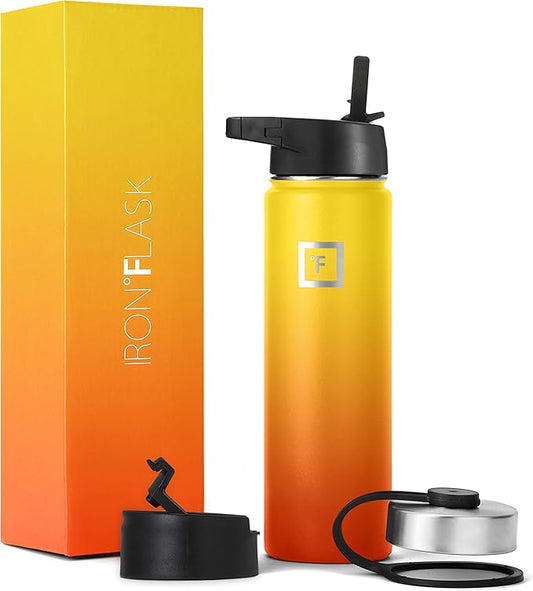 IRON °FLASK Sports Water Bottle - 22 Oz 3 Lids (Straw Lid), Leak Proof - Stainless Steel Gym & Sport Bottles for Men, Women & Kids - Double Walled, Insulated Thermos, Metal Canteen