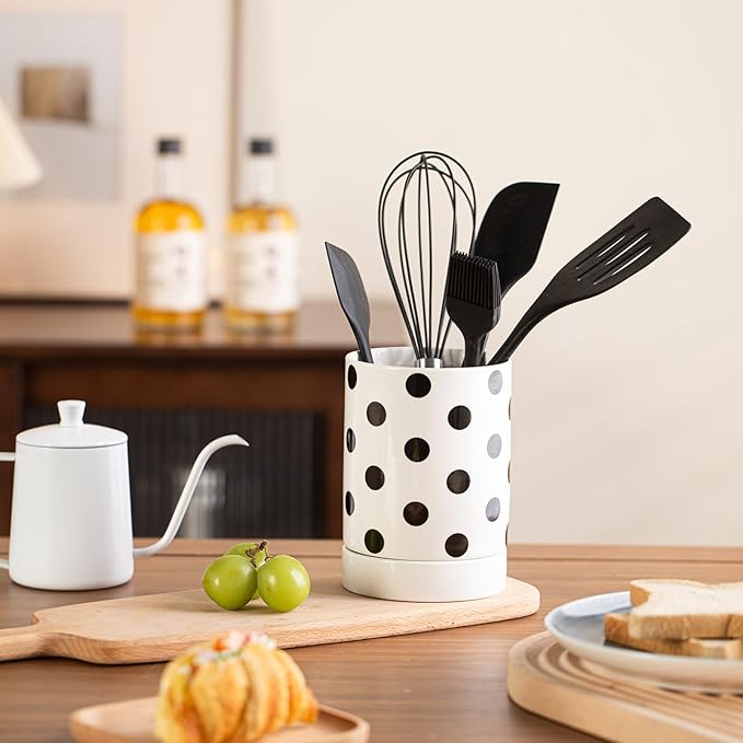 Small Utensil Holder for Kitchen Counter 4.1 x 6 Inches Ceramic Cooking Utensil Crocks Countertop Organizer Vintage Farmhouse Kitchen Decor Caddy,Dots