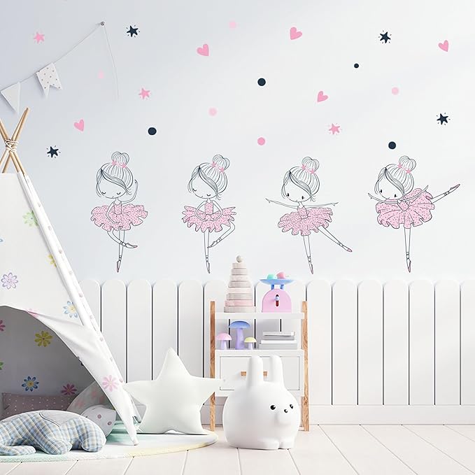 4 Cute Ballerina Ballet Dancers Wall Decals for Girls Bedroom Large Removable Wall Stickers for Classroom Pink and Black Wall Murals Peel and Stick Vinyl Kids Room Decor for Living Room Nursery