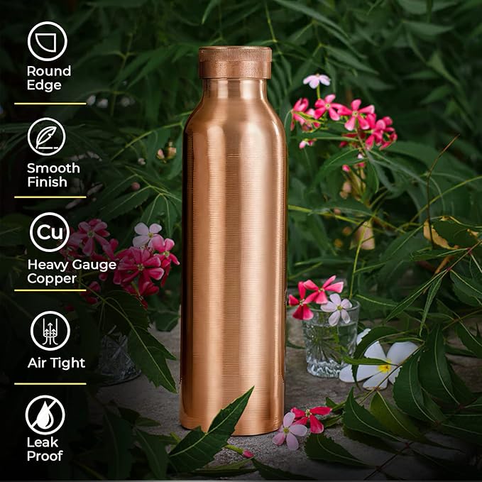 Pure Copper Water Bottle 30 oz 900 ml Leak Proof Ayurvedic 100% Copper Vessel - Drink More Water in Black Copper Bottle for Yoga, Daily Use