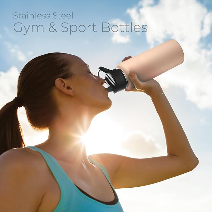 SipX™ Triple-Insulated Stainless Steel Water Bottle 40oz. With 3 Lids, BPA-Free Reusable Insulated Water Bottle Keeps Cold 24 Hours, Metal Water Bottle Made Of Sustainable Material For Hiking & Biking