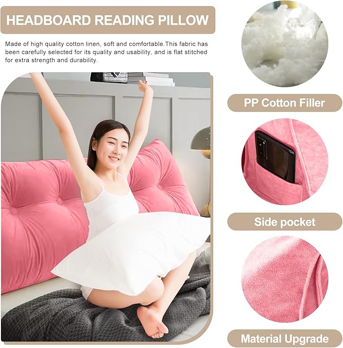 Large Triangular Headboard Pillows Long Backrest Positioning Support Bolster Cushion for Daybed Fluffy Quality Plush Body Wedge Pillow with Removable Cover(Pink -King-76x8x20in)