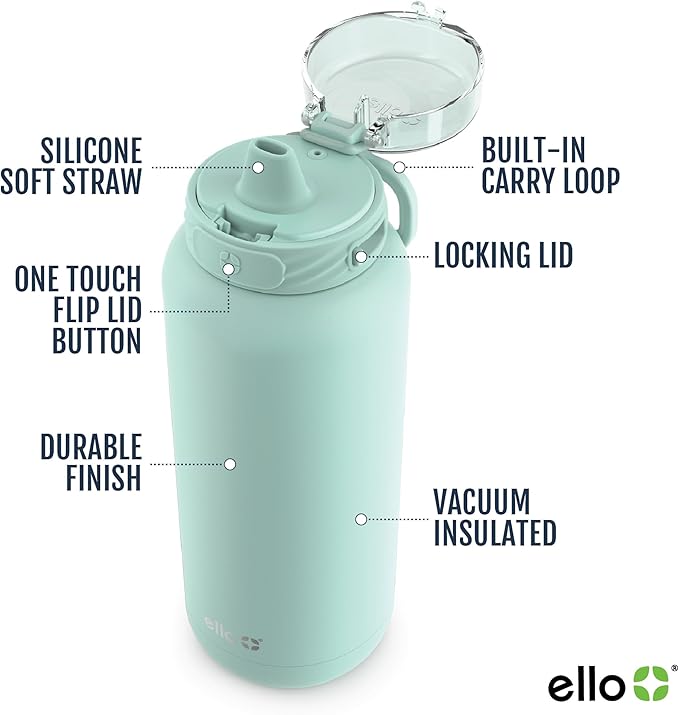 Ello Cooper 32oz Stainless Steel Water Bottle with Straw and Carry Handle, Double Walled and Vacuum Insulated Metal, Leak Proof Locking Lid with Soft Silicone Spout, Reusable, BPA Free, Yucca