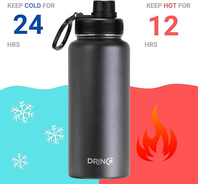 DRINCO Stainless Steel Water Bottle Spout Lid Vacuum Insulated Double Wall Water Bottle USA Flag Military Veteran (32oz Thin Green Black, 32oz)