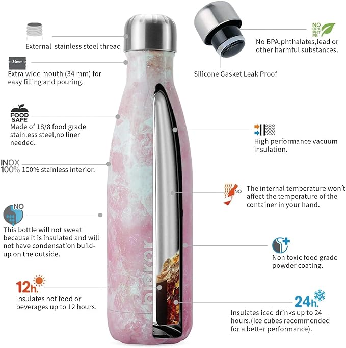 BJPKPK Insulated Water Bottles -17oz/500ml -Stainless Steel Water Bottles,Sports Water Bottles Keep Cold for 24 Hours and Hot for 12 Hours,BPA Free Water Bottle,Marble Blossom