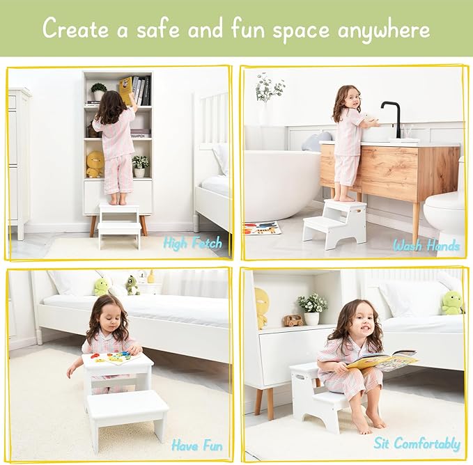 Forbena Wood 2 Step Stool for Kids Bathroom Sink, White Toddler Step Stool for Toilet Potty Training, Child Stepping Stool for Kitchen Nursery Bedroom, Sturdy Non Slip Adult Stool for Closet