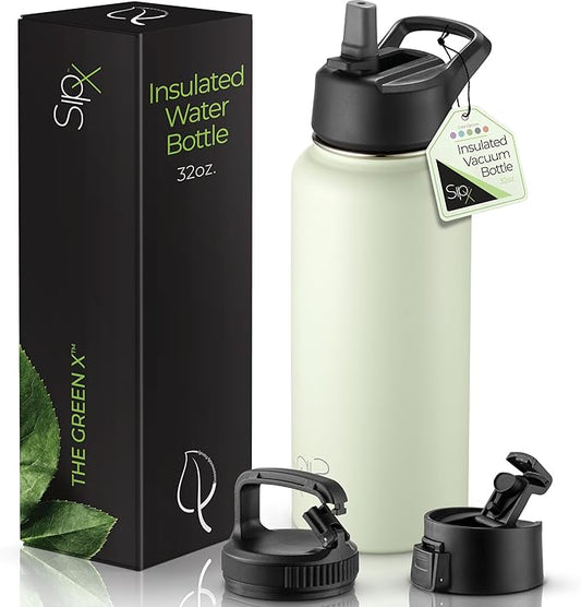 SipX™ Triple-Insulated Stainless Steel Water Bottle 32oz. With 3 Lids, BPA-Free Reusable Insulated Water Bottle Keeps Cold 24 Hours, Metal Water Bottle Made Of Sustainable Material For Hiking & Biking