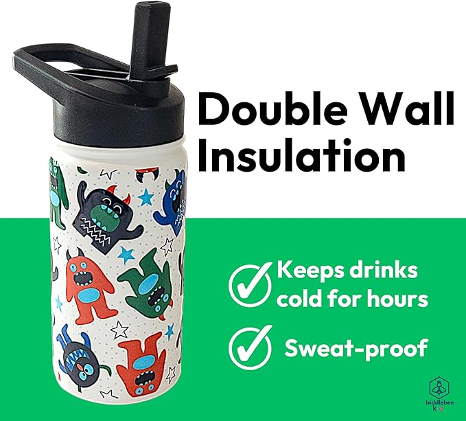 Biddlebee Kids Water Bottle with Straw Lid | 14oz Insulated Stainless Steel Reusable Bottles for School | Leak Proof Cap with Handle & Touch Free Spout | Great for Boys & Girls
