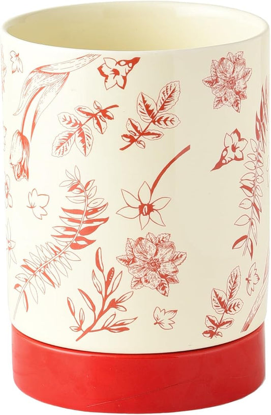 Small Utensil Holder for Kitchen Counter H5.9 x W4.1”, Ceramic Floral Cooking Utensil Crocks Countertop Organizer with Flowers