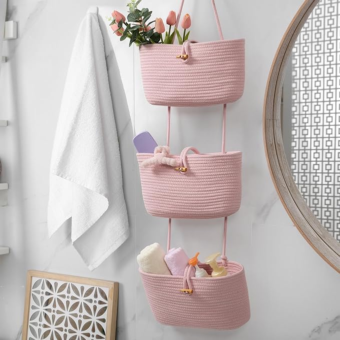 TeoKJ Over the Door Hanging Baskets with Button Strap, 3-Tier Woven Cotton Storage Organizer Bag, Wall-Mounted with Hook Decorative Hanging Nursery Baskets - Pink