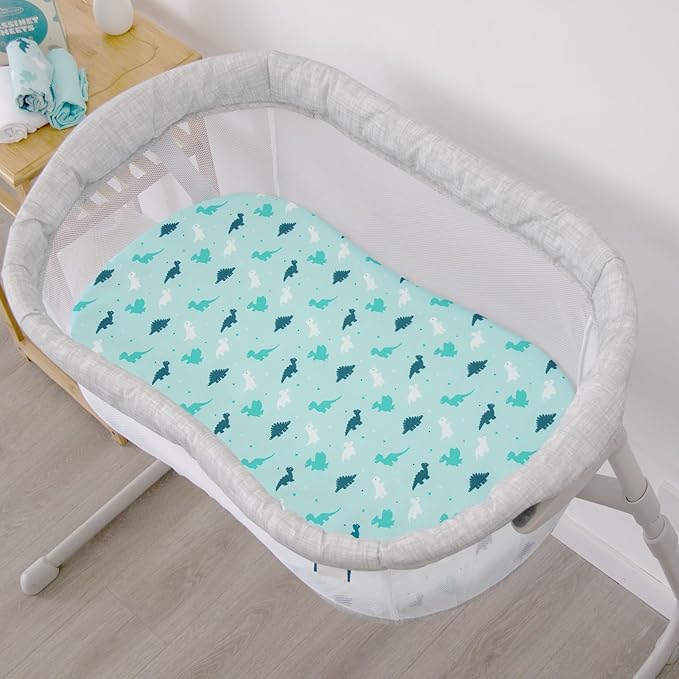 Bassinet Fitted Sheets 4 Pack Compatible with Halo Bassinest Swivel, Flex, Glide, Premiere and Luxe Series Sleeper, Ultra Soft and Skin-Friendly, Aqua Dinosaurs & White Ocean
