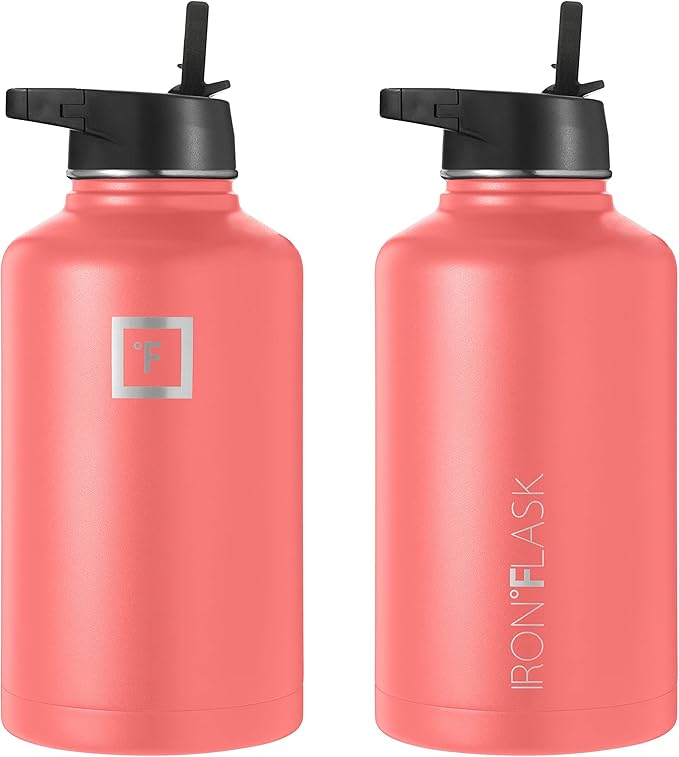 IRON °FLASK Sports Water Bottle - Wide Mouth with 3 Straw Lids - Stainless Steel Gym & Outdoor Bottles for Men, Women & Kids - Double Walled, Insulated Thermos, Metal Canteen - Peach, 64 Oz