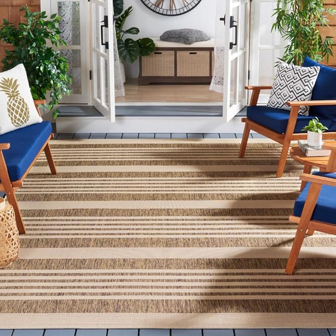 SAFAVIEH Courtyard Collection Area Rug - 9' x 12', Brown & Bone, Stripe Design, Non-Shedding & Easy Care, Indoor/Outdoor & Washable-Ideal for Patio, Backyard, Mudroom (CY6062-242)