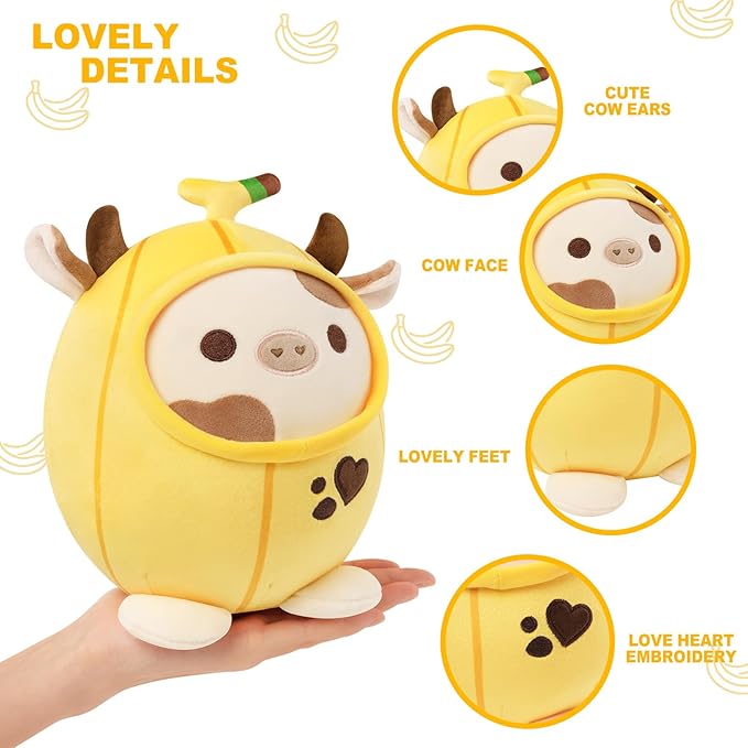 PEACH CAT Cute Banana Cow Plush Pillow Banana Cow Stuffed Animal Cow plushie with Banana Outerwear for Kids Yellow 12"