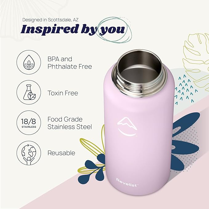 Revelist Sports Water Bottle - 32 Oz, 3 Lids (Straw Lid, Spout & Screw Top) with Boot, Vacuum Insulated Stainless Steel, Double Walled, Reusable Water Flask, Metal Canteen - Seashell Pink