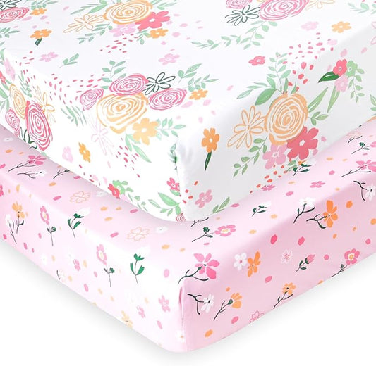 PHF Soft Crib Sheet Fitted, 2 Pack Baby Sheets for Boys Girls, 28x52x9in Fits Standard Crib and Toddler Mattresses, Silky Comfy Breathable Polyester Baby Mattress Sheets, Rose Floral