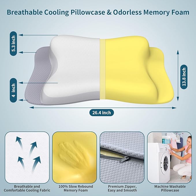 Cervical Pillow for Neck Pain Relief, Ergonomic Memory Foam Pillows with Cooling Pillowcase, Orthopedic Bed Pillow for Sleeping, Contour Neck Support Pillow for Side Back Stomach Sleeper