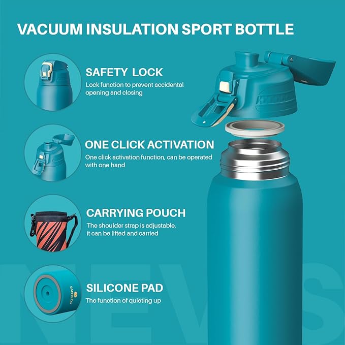 Insulated Sports Water Bottle, Stainless Steel Water Bottles with Locking Flip Top Lid, Insulated Bottle with Double-Wall Vacuum Insulation for Fitness and Outdoor Enthusiasts
