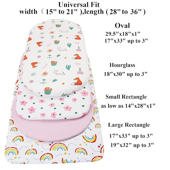 Bassinet Sheets (33" x 19") Compatible with Mika Micky, Baby Delight, Dream On Me, Amke and Other Rectangle Mattress, 2 Pack Fitted Sheets, 100% Jersey Knit Cotton 190GSM, Floral and Pink