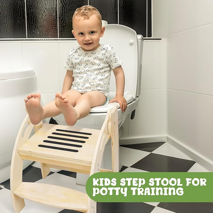 Foldable Step Stool for Toddlers, Kids Stool with 14.9-Inch Wide Step, Safety Handles, Anti-Slip Strips, Toddler Step Stool for Bathroom Sink, Toilet, Kitchen Wooden 2 Step Stool