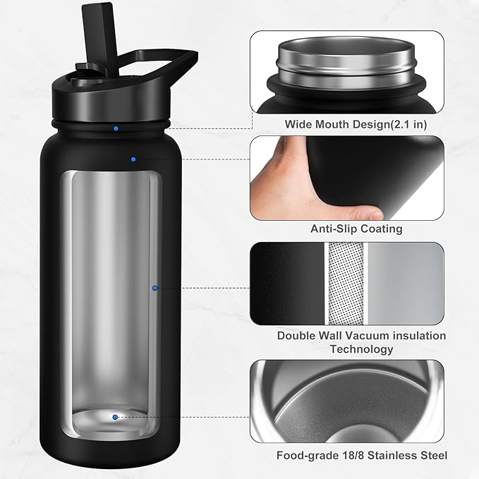 40oz Insulated Water Bottle with 3 Lids(Straw, Hand and Spout Lid), Double Vacuum Stainless Steel Metal Water Flask(BPA-free, CPC) for Sports, Camping, Hiking, Cycling, Fitness and more(Black)