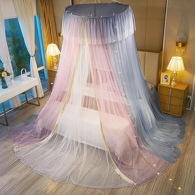Canopy Frame for Bed with Mesh Netting - Queen Size Bed Canopy Steel Frame with Bed Curtains,Classic Flat Top Mesh Net Bedroom Decor(Stainless Steel Pipes and Accessories Included) (Pink Blue)