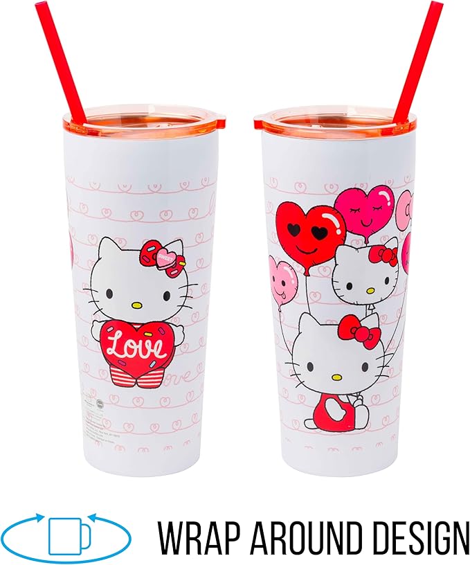 Silver Buffalo Hello Kitty Heart Balloons Double Walled Stainless Steel Tumbler with Straw, 22 Ounces