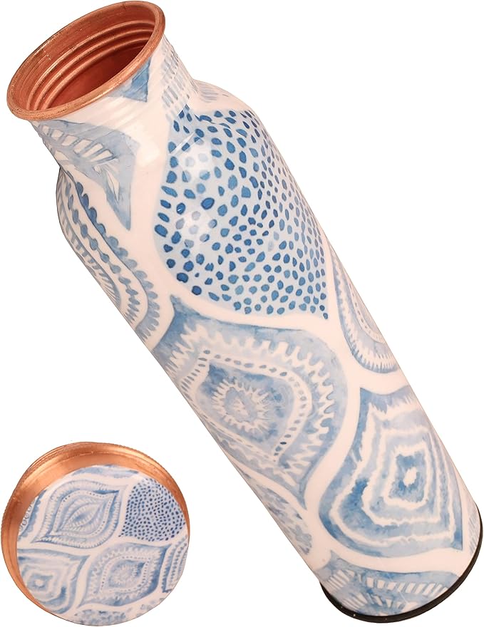Pure Copper Water Bottle - Handcrafted - Ayurveda health benefits - Large 35 oz - Leak proof - Easy to carry for Sports, Fitness, Yoga, School - Sky Blue Artistic Patterns Enamel