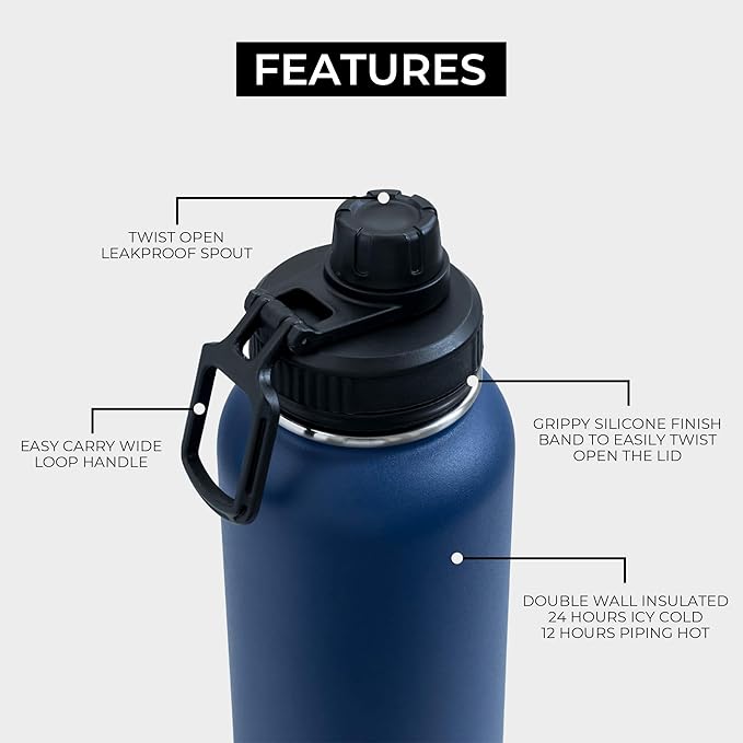 BOZ Stainless Steel Water Bottle - Vaccum Insulated Water Bottle 32 Oz - Wide Mouth BPA Free Sport Water Bottle for Gym with Spout Lid - Thermal Hot & Cold 1 Litre Blue Waterbottle