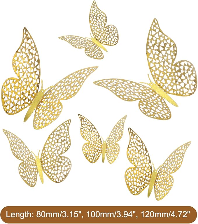 uxcell 72Pcs 3D Beautiful Butterfly Removable DIY Wall Stickers for Birthday Party Decorations Cake Decorations, Gold