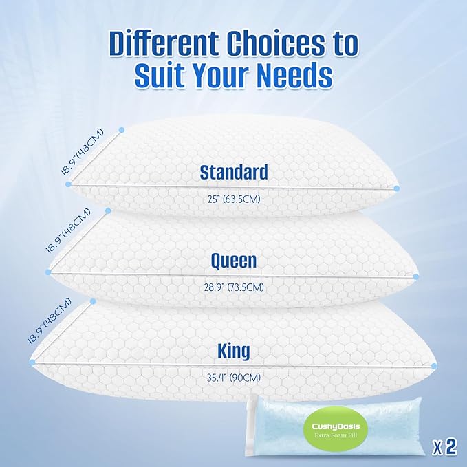 Shredded Memory Foam Pillow for Sleeping, Cooling Bed Pillows Set of 2, Adjustable Pillows for Side, Back, Stomach Sleepers with Washable Pillowcase (Standard Size, Grey)