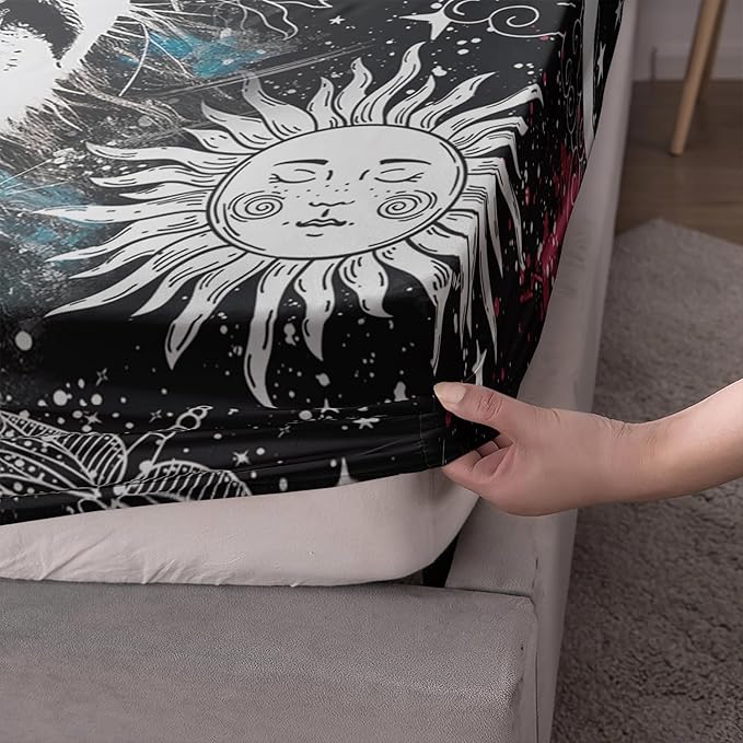 AILONEN Lion Print Queen Size Fitted Sheet Set for Boys, Sun and Moon Bed Sheet Cover Set Queen,3 Pieces Black and White Sheet Set Queen Galaxy Lion Fitted Sheet with 2 Pillowcases