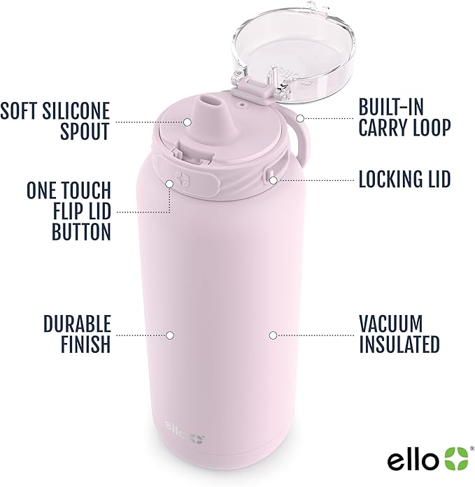 Ello Cooper 40oz Stainless Steel Water Bottle with Straw and Carry Handle, Double Walled and Vacuum Insulated Metal, Leak Proof Locking Lid with Soft Silicone Spout, Reusable, BPA Free, Cashmere Pink