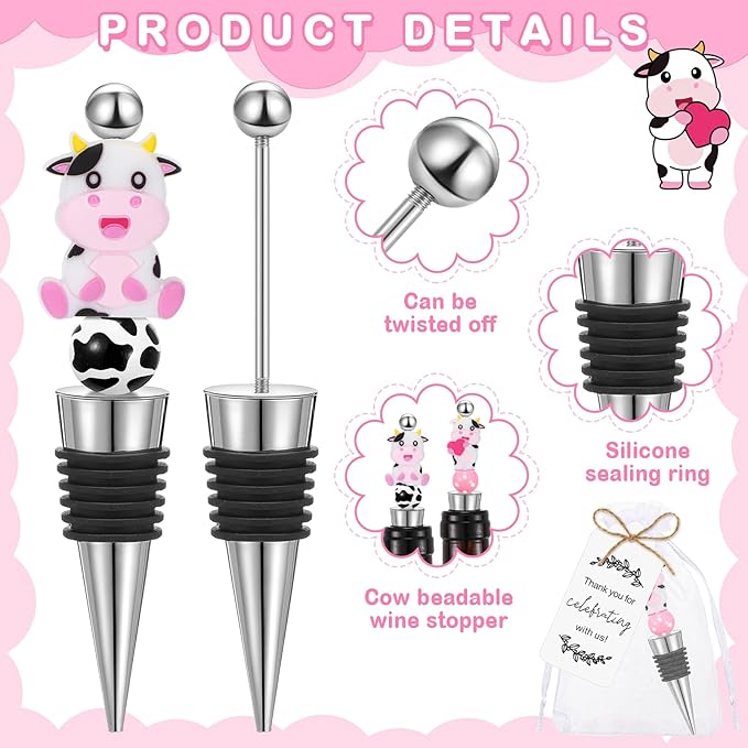 Gisafai 24 Set Cow Beadable Wine Stoppers Baby Shower Wedding Favors for Guests Decorative Beaded Wine Bottle Stopper with Cow Beads Organza Bag Tag for Wedding Cow Party Favor Souvenirs Gifts