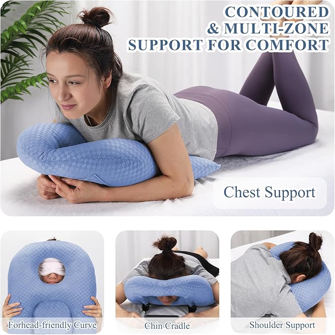 Newly Upgraded Face Down Pillow After Eye Surgery, Prone Pillow with Arm Hole for Face Down Sleeping, Retina and Vitrectomy Lying Pillow, Post Eye Surgery Recovery (Light Blue)