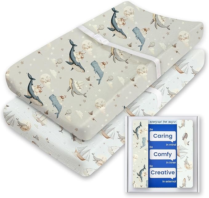Changing Pad Cover for Girls Boys, TotBasic Premium Soft Boho Changing Table Covers, Stretchy Jersey Changing Table Sheets - Fits All Standard Changing Tables - 2 Pack (Whale Dreams)