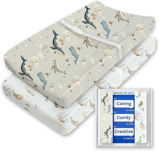 Changing Pad Cover for Girls Boys, TotBasic Premium Soft Boho Changing Table Covers, Stretchy Jersey Changing Table Sheets - Fits All Standard Changing Tables - 2 Pack (Whale Dreams)