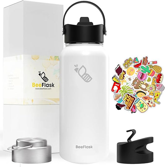 Sports Water Bottle - 32 Oz, Includes 50 Cute Flask Stickers, 3 Lids (With straw), Vacuum Insulated, 308 Stainless Steel, with a Portion of Sales Supporting Bee Conservation | White
