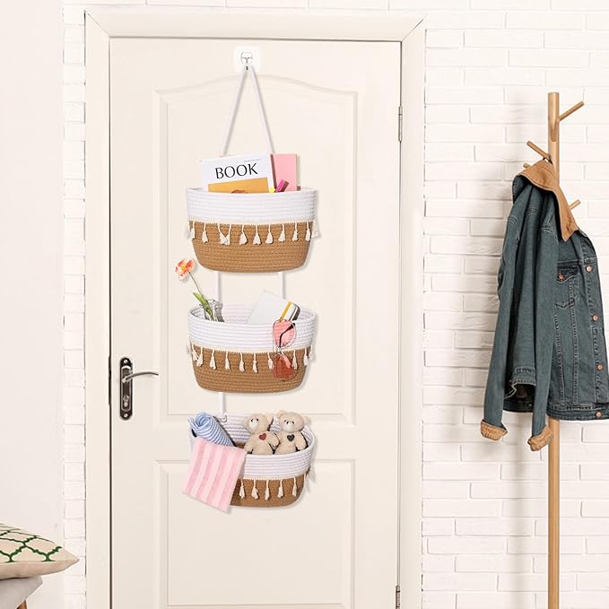 Over The Door Hanging Basket Boho Woven Wall Hanging Baskets 3-Tier Cotton Wall Mounted Storage Organizer Bag Macrame Decorative Hanging Baskets for Kitchen Laundry Room Stairs(White, Jute)