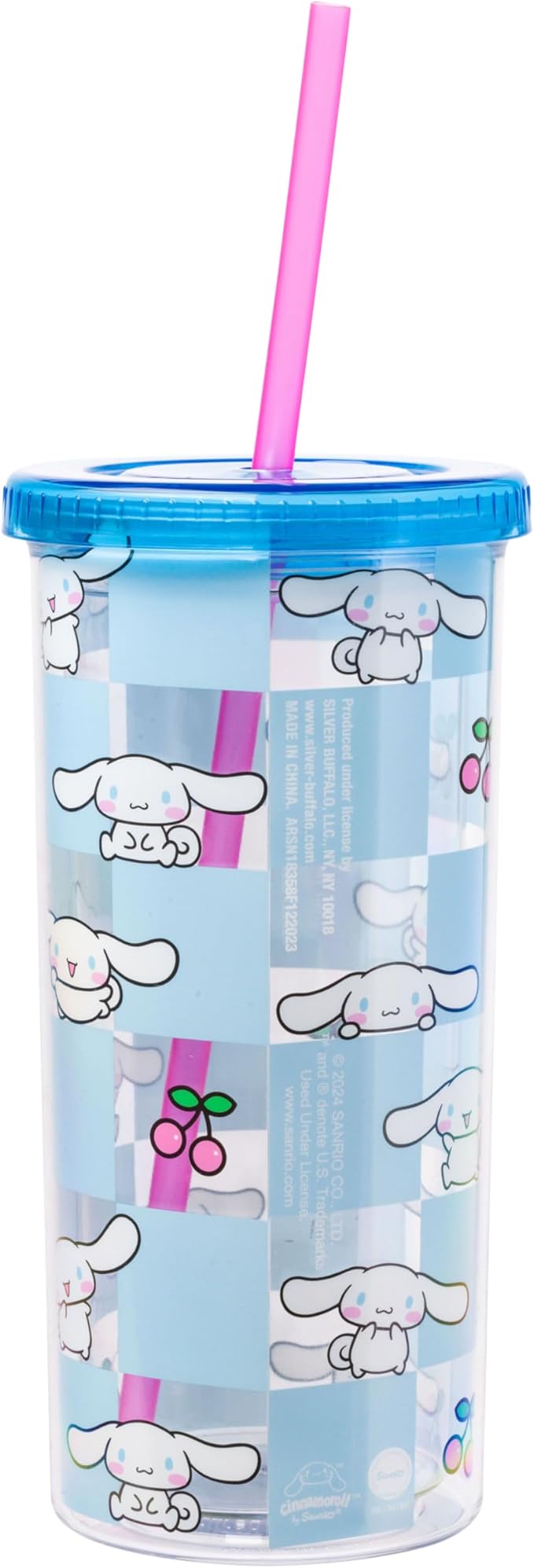 Silver Buffalo Sanrio Hello Kitty and Friends Cinnamoroll Cherry Blue Checkered Plastic Cold Cup with Lid and Straw, 20 Ounces