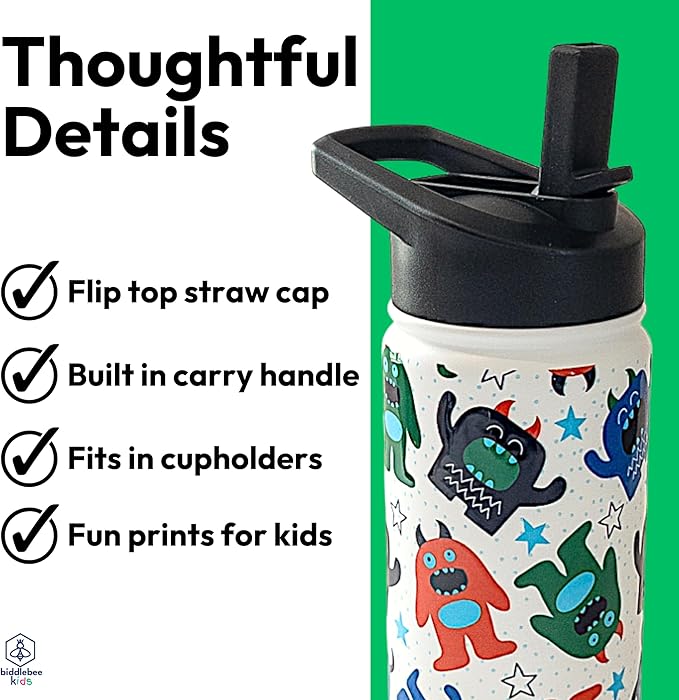 Biddlebee Kids Water Bottle with Straw Lid | 14oz Insulated Stainless Steel Reusable Bottles for School | Leak Proof Cap with Handle & Touch Free Spout | Great for Boys & Girls
