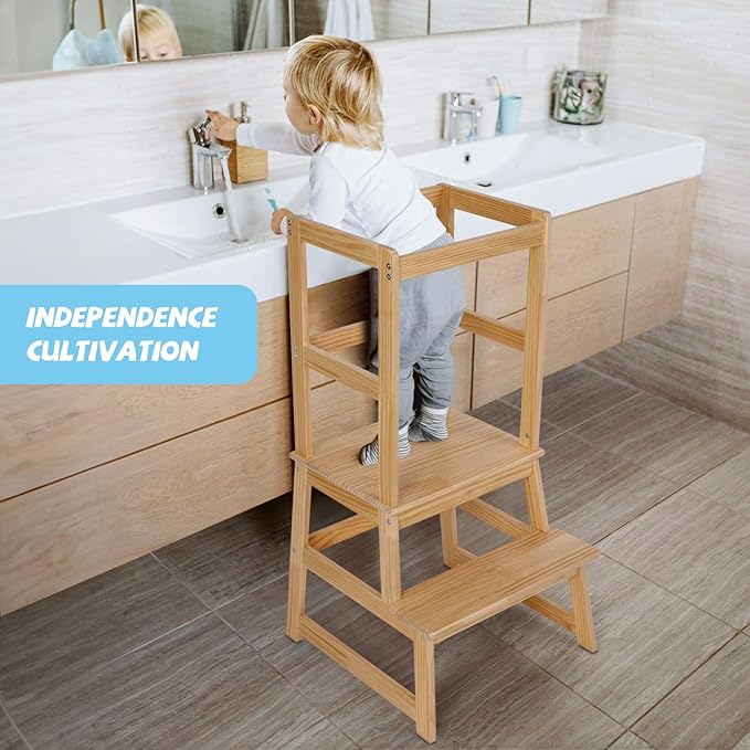 Kids Kitchen Step Stool, Standing step stool with Safety Rail for Toddlers 18 Months and Older, Safety Anti-Slip Protection, Removable Step Stool for Adult Use, Natural